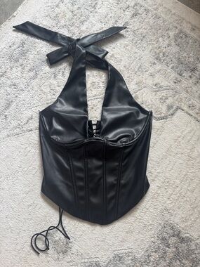 Windsor Black Faux Leather Lace-Up Halter Top